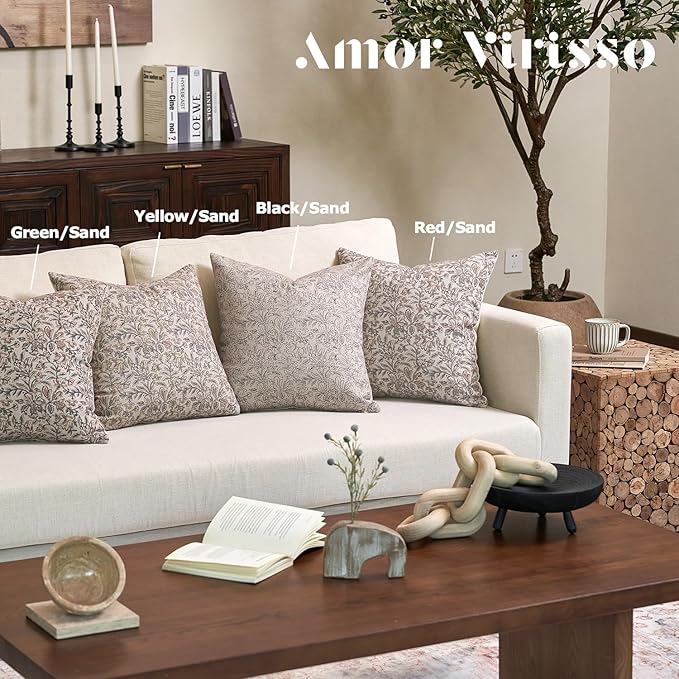 Amor Virisso Floral Throw Pillow Covers 24x24 Set of 2 Vintage Block Print Pillow Covers Decorative Pillow Covers Couch Pillows for Living Room Farmhouse Accent Sofa Pillows, Yellow/Sand