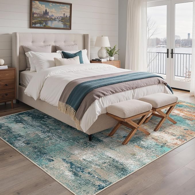 BEIMO Area Rugs 5x7 for Living Room Bedroom, Modern Abstract Machine Washable Rug, Large Soft Low Pile Floor Carpet with Non Slip Backing for Dining Room, Blue/Orange