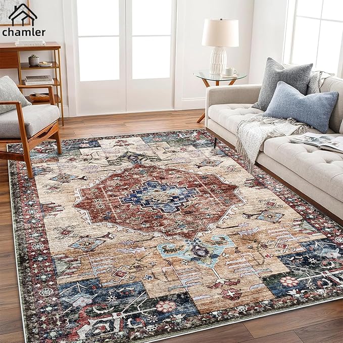 chamler 6x9 Washable Area Rug Boho Medallion Distressed Design Non-Shedding Easy Care Ideal for High Traffic Areas in Rugs for Living Room Bedroom Office Kitchen Large Carpet