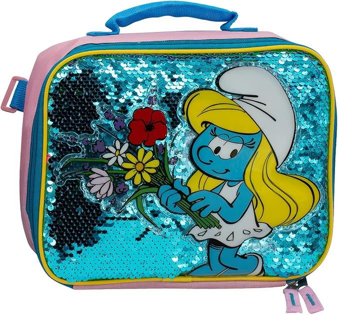 AI ACCESSORY INNOVATIONS Smurfs 5 Piece Backpack Set, Smurfette Flip Sequin Girls School Bag with Front Zip Pocket, 2 Side Mesh Pockets, Pink & Blue