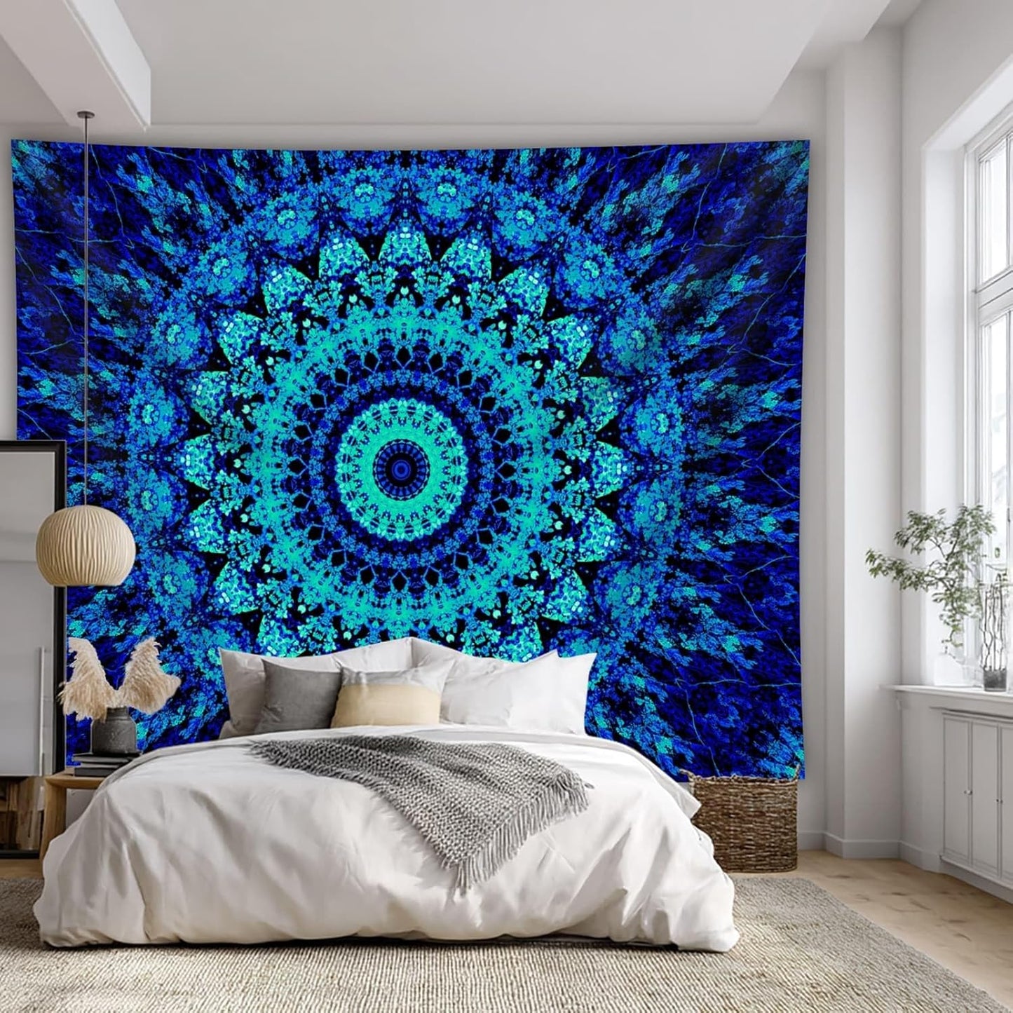 PSYHILAR Blacklight Mandala Tapestry for Bedroom, Black Light Posters for Adults and Teens, Neon UV Reactive Aesthetic Bohemian Wall Art Décor (90 x 70 Inches)