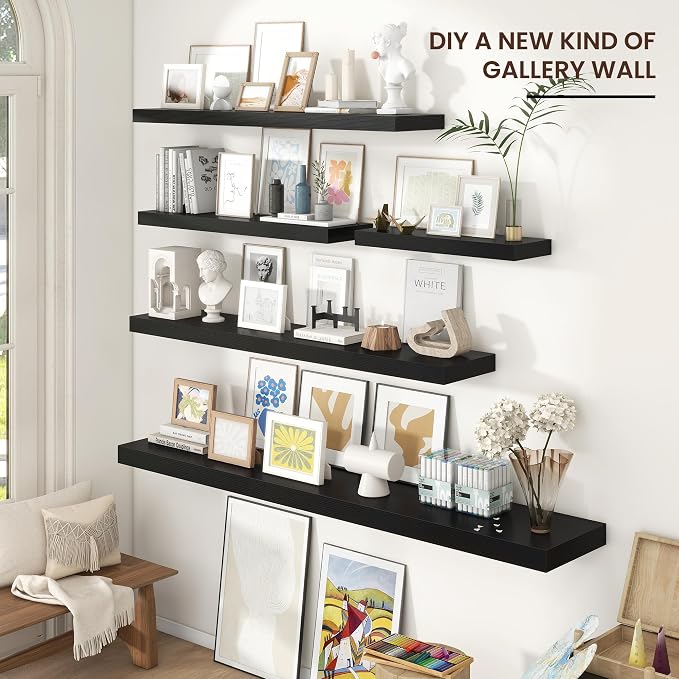 Venusmiles Floating Shelves for Wall 48 inch Long, Engineered Wood Wall Shelves with Invisible Brackets for Living Room Bedroom Bathroom Office Kitchen Decor and Storage, Black Finish, Set of 2