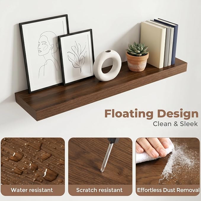 36 Inch Floating Shelves for Wall, 8"D Wood Storage Shelves, Walnut Finish | Engineered Wood, Invisible Bracket, Large Storage, Easy Install, Hold Up to 55lbs, Living Room, Bathroom, Bedroom, Kitchen