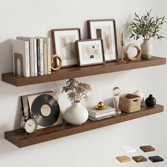 55 Inch Floating Shelves for Wall, 8"D Wood Storage Shelves, Walnut Finish | Engineered Wood, Invisible Bracket, Large Storage, Easy Install, Hold Up to 88lbs, Living Room, Bathroom, Bedroom, Kitchen