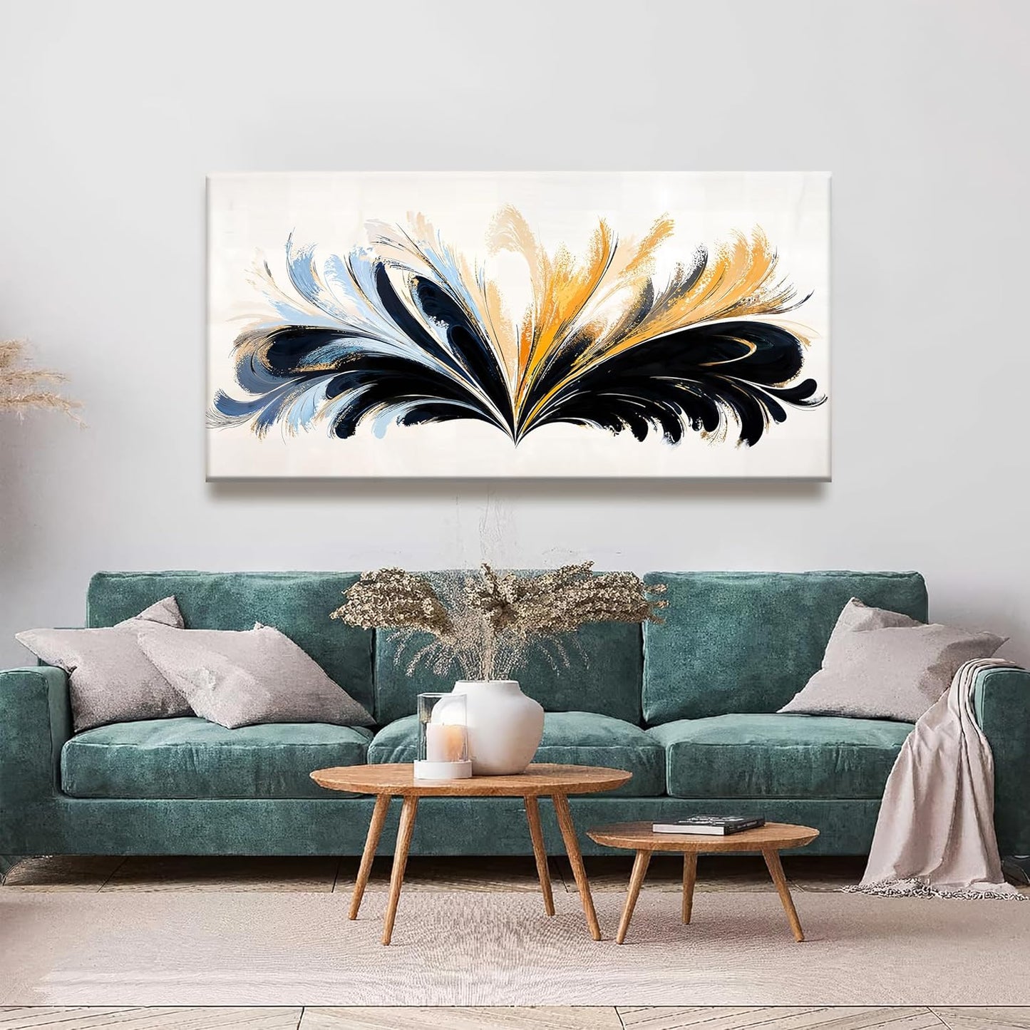 QSQ Modern Canvas Art Wall Decor Painting Black And Gold Abstract Wall Art For Living Room Blue Feather Graffiti Abstract Wall Decor Prints Artwork For Bedroom Office Home Wall Decoration 24" X 48"