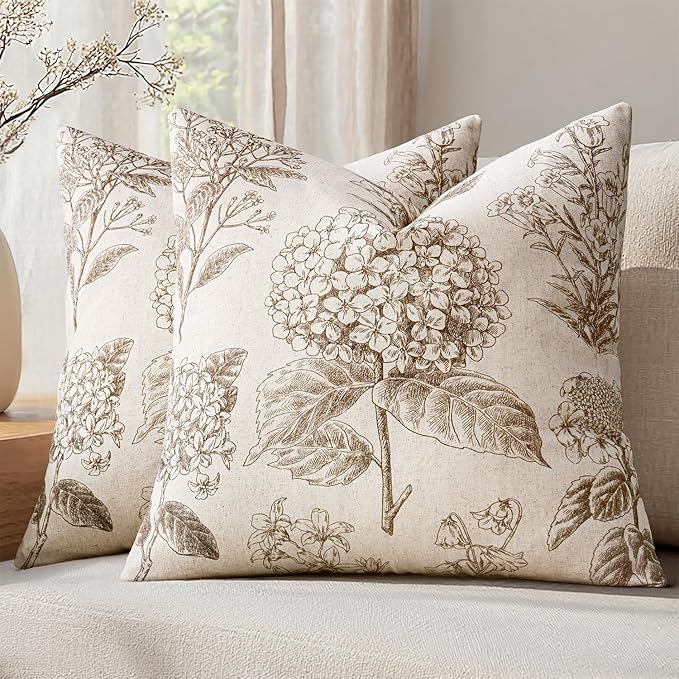 Set of 2 Decorative Floral Neutral Pillow Covers 18x18 Inch Light Brown Hydrangea Print Spring Boho Vintage Throw Cushion Covers for Sofa Couch Porch Bedroom Living Room Summer Home Decor
