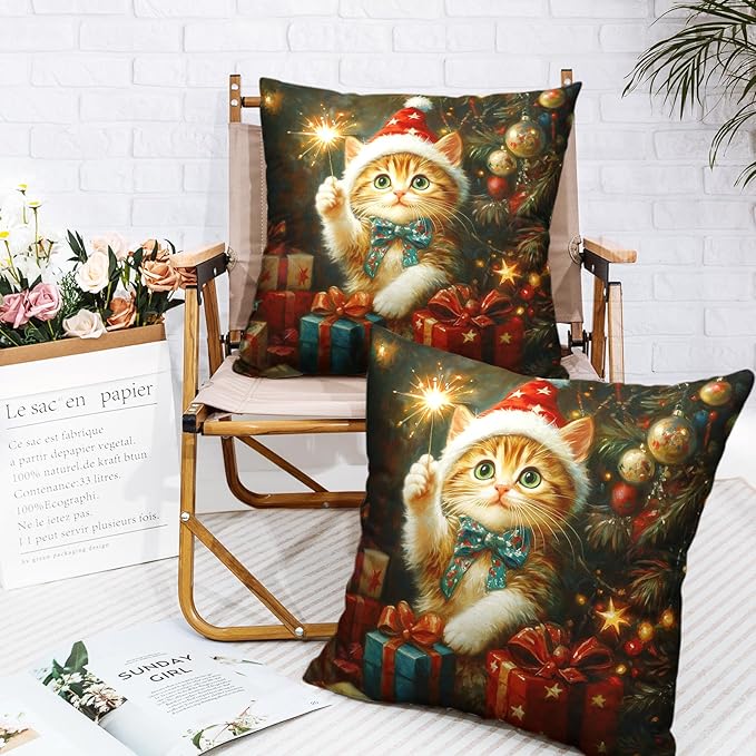 Christmas Pillow Covers 18x18 Set of 2 Adorable Cat Xmas Throw Pillow Covers Lovely Kitten Holding Sparklers Pillowcase Cotton Linen Cushion Case for Holiday Decor Sofa Couch
