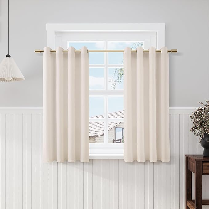 Beige Linen Curtains 54 Inch Length for Cafe Kitchen 2 Panels Set Grommet Lightweight Short Semi Sheer Window Drapes Semitransparent Privacy Soft Cozy Farmhouse Curtain for Basement Garage 52x54