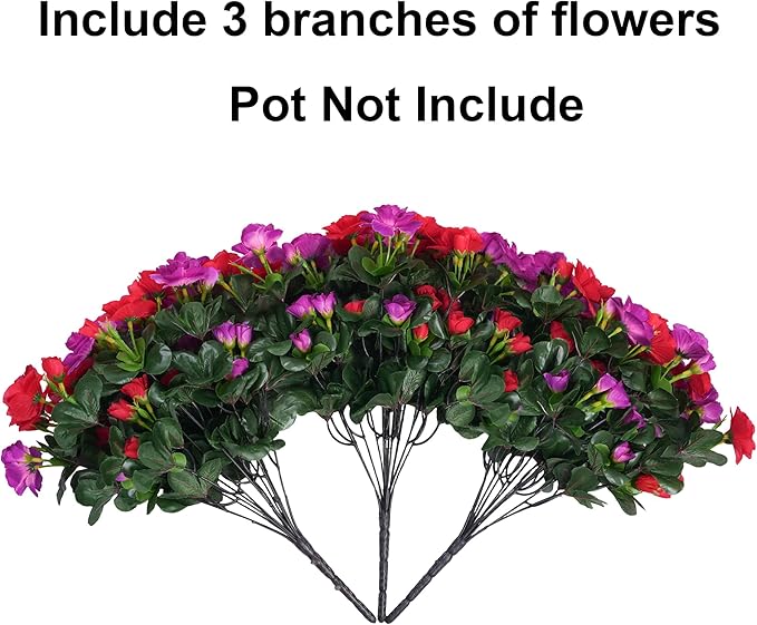 Artificial Faux Outdoor Flowers Plants for Spring Summer Decoration, Fake Silk Camellia UV Resistant Look Real for Planter Outside Front Door Porch Patio Balcony, 3 Large Bundles (Red+Fuchsia)