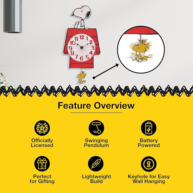 Mark Feldstein, Peanuts Snoopy's Dog House with Woodstock Pendulum Pal Wall Clock, 12 Inch