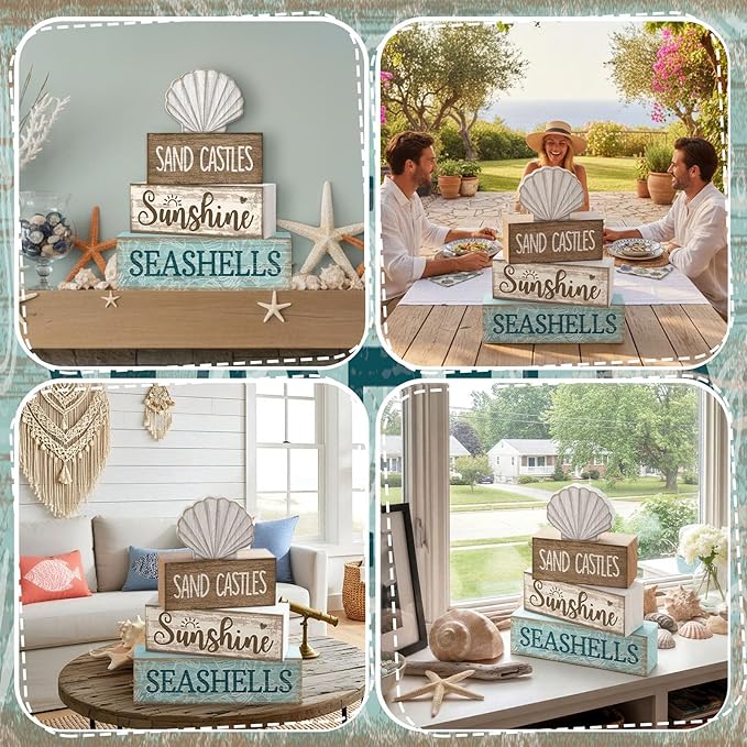 Yuntau 4 Pcs Summer Decorations for Home Shells Wooden Tabletop Decor Summer Tiered Tray Decor Rustic Wood Block Sign Gift Centerpiece Farmhouse Table for Shelf Office