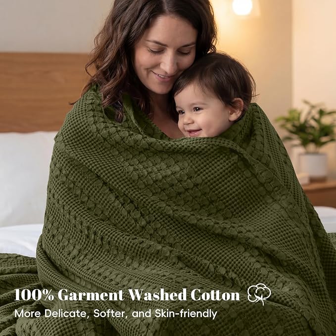 PHF 100% Cotton Waffle Blanket King Size for Bed, Lightweight Breathable and Soft for Summer, Luxury Aesthetic Waffle Weave Blanket for Home Decor & Gifts for Women, 108"x90", Capulet Olive