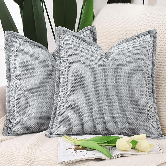 MADIZZ Decorative Chenille Velvet Throw Pillow Covers Set of 2 Soft Boho Textured Neutral Couch Throw Pillow for Bed Modern Farmhouse Home Decor for Sofa Livingroom Grey 20x20 Inch