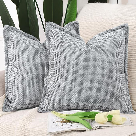 MADIZZ Decorative Chenille Velvet Throw Pillow Covers Set of 2 Soft Boho Textured Neutral Couch Throw Pillow for Bed Modern Farmhouse Home Decor for Sofa Livingroom Grey 20x20 Inch