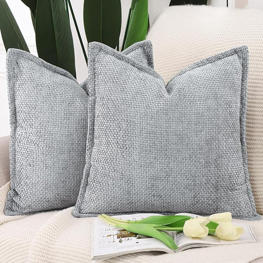 MADIZZ Decorative Chenille Velvet Throw Pillow Covers Set of 2 Soft Boho Textured Neutral Couch Throw Pillow for Bed Modern Farmhouse Home Decor for Sofa Livingroom Grey 24x24 Inch Euro Sham