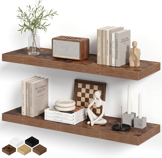 Floating Shelves for Wall, 32W x 8D Floating Wall Shelves with Invisible Brackets Set of 2, Hanging Rustic Wood Shelf Decoration for Bedroom, Bathroom, Living Room and Kitchen, Rustic Brown