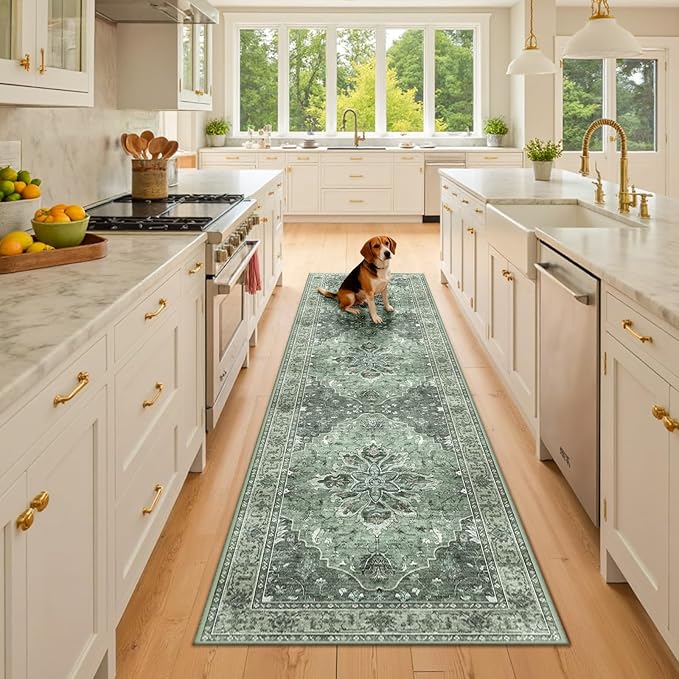 RELEANY Area Rugs 2'x8' Runner Rug Non Slip Washable for Kitchen Hallway Bedroom Beside Laundry Room Bathroom Rug, Floor Carpet, Dark Green Gray