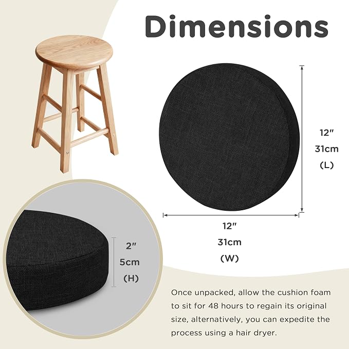 AddGrace Round Bar Stool Cushions 4 Pack Bar Stool Seat Cushion Non Slip Round Chair Pads with Removable and Washable Cover 12x12 Inch Black