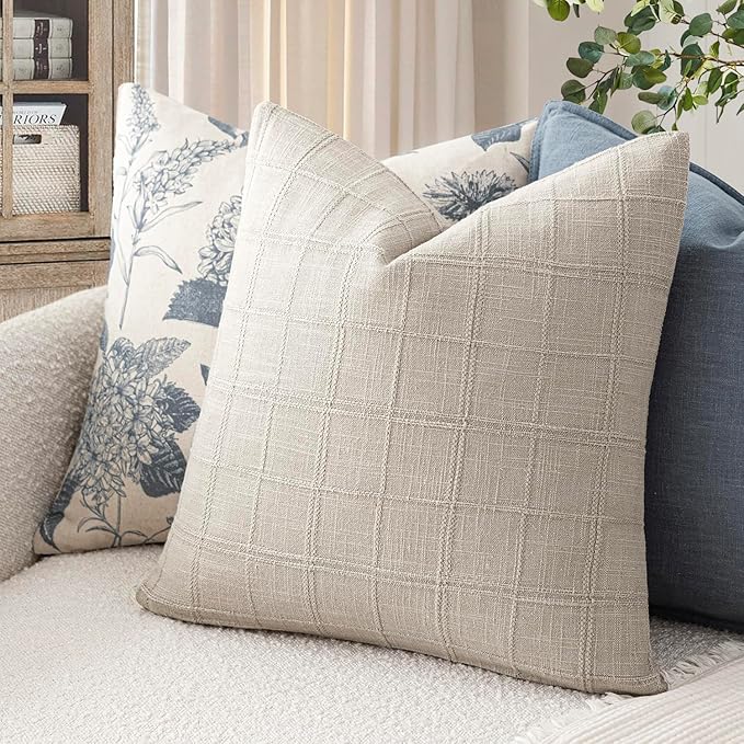 Foindtower Set of 2 Decorative Linen Check Throw Pillow Covers Neutral Farmhouse Vintage Cushion Covers Modern Coastal Boho Home Decor for Sofa Chair Couch Bedroom Living Room,24×24 Inch,Light Grey