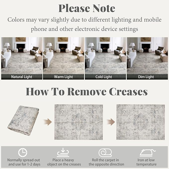 Machine Washable Rugs for Living Room: 10x14 Area Rugs for Bedroom Ultra Soft Non-Slip Low Pile Vintage Distress Boho Large Carpet for High-Traffic Dining Room - Farmhouse Decor