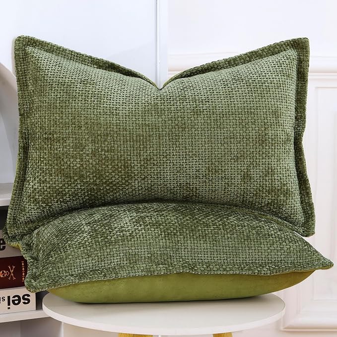 MADIZZ Decorative Chenille Velvet Throw Pillow Covers Set of 2 Soft Boho Textured Neutral Couch Throw Pillow for Bed Modern Farmhouse Home Decor for Sofa Livingroom Moss Green 12x20 Inch