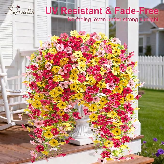 Serwalin 12PCS Artificial Hanging Flowers for Outdoors, UV Resistant Fake Hanging Plants, Realistic Weatherproof Outdoor Decor for Patio, Porch, Garden & Window (Yellow, Hot Pink & Pink,12PCS)