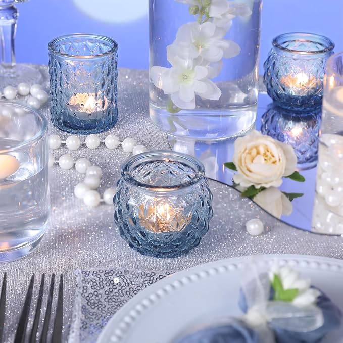 DARJEN Blue Votive Candle Holders Set of 36- Round Candle Holders Bulk, Glass Candle Holder for Wedding Home Decoration, Tea Lights Candle Holders for Wedding Shower, Party & Gift