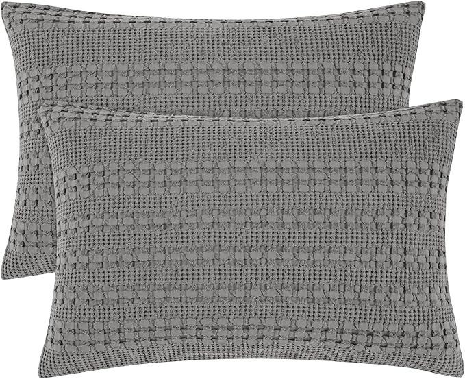PHF 100% Cotton Waffle Pillow Shams California King Size, 2 Pack 20" x 40" Soft Skin-Friendly Pillowcases, No Filling, Aesthetic Woven and Breathable Waffle Weave Pillow Case Covers for Bed, Dark Grey