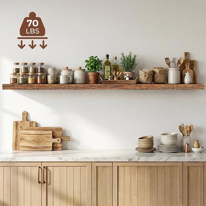Dreamland 72 Inches Floating Shelves for Wall,9.3" Deep Long Floating Shelves Set of 1,Large Display & Storage Shelf,Wall Shelf for Bathroom Bedroom Living Room Kitchen Office,Rustic Brown