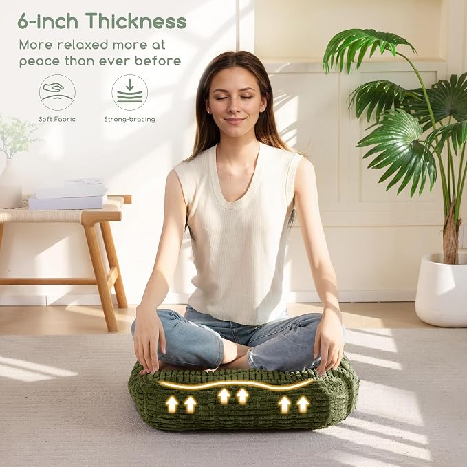 HIGOGOGO 6" Floor Pillow Cushion for Adults, Meditation Cushion Pillow, Blended Corduroy Cover, Large Square Floor Sitting for Tatami Living Room or Yoga, 2Pack, Dark Green