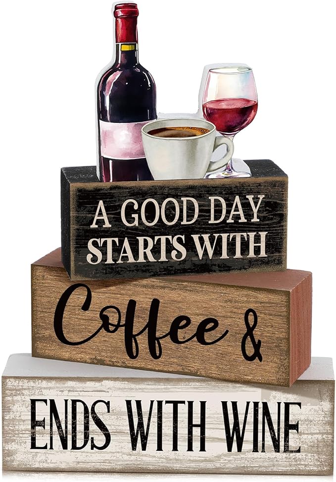 Lineshading 4 Pcs Farmhouse Table Decor Wooden Stacked Block Sign with Wine Bottle, Coffee Cup & Glass Sculpture a Good Day Starts with Coffee Ends with Wine Sign for Home & Bar Housewarming Gift