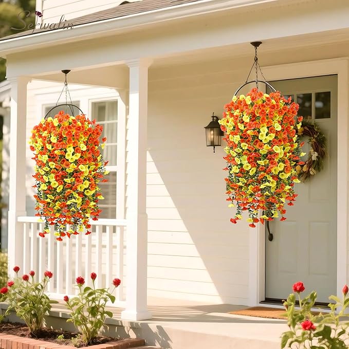 Serwalin Artificial Hanging Flowers for Outdoors Decoration, 4PCS UV Resistant Silk Artificial Fake Plants Outdoor for Porch Patio Balcony Indoor Planter Yard Decor (Orange&Yellow,4PCS)