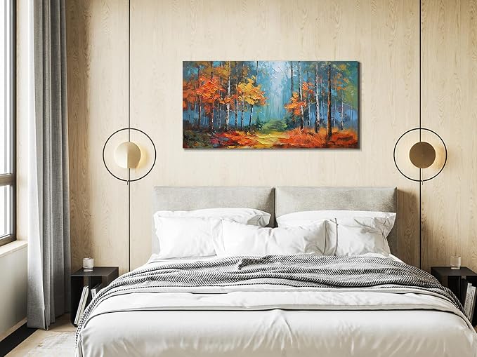 Arjun Nature Wall Art Landcape Canvas Forest Painting, Textured Reddish Forest Framed Artwork Large Picture Living Room Bedroom Dining Room Kitchen Home Office Wall Decor 40"x20"