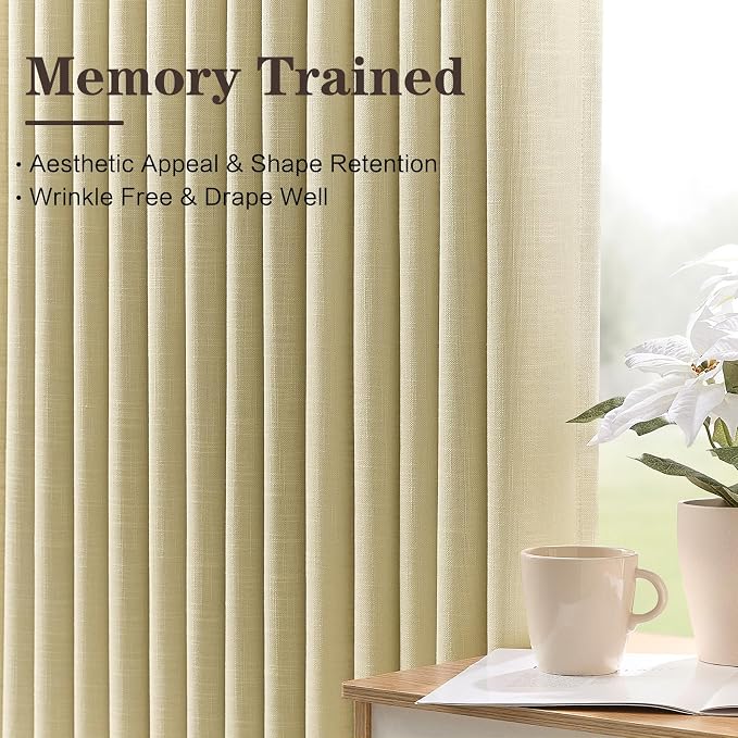 Pinch Pleated Linen Curtains 84 Inches Long for Living Room, Tan Burlap Light Filtering Pleat Drapes Textured Thick Memory Trained Semi-Sheer Curtain with Hooks for Bedroom Farmhouse Office 2 Panels