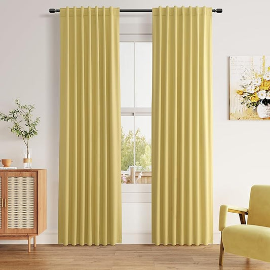 Guken Yellow 100% Blackout Linen Curtains 90 Inch Length 2 Panels Set for Living Room Bedroom Back Tab/Rod Pocket Thermal Insulated Black Out Drapes Room Darkening Farmhouse Window Curtains,52x90