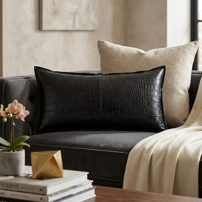 Genuine Leather Pillow Cover Case for Lumbar Throw Couch Pillows - Modern Farmhouse Decorative Sofa Thick & Soft Cushion Covers (Croc Black, 12" x 20")