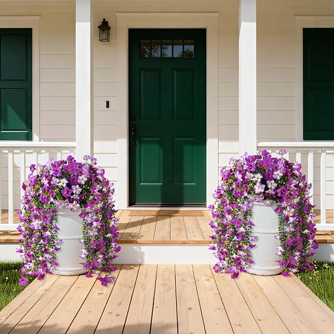 Artificial Fake Flowers Plants for Outdoor Spring Summer Decoration,2 PCS Faux Silk Morning Glory with Eucalyptus Leaves,UV Resistant Realistic Outdoor Flowers for Balcony Porch Patio Yard Garden