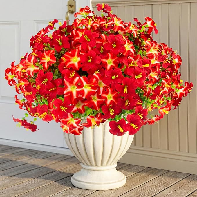 Daynight Faux Petunias Artificial Flowers Plants for Outdoor Plant Decoration,Fake Petunias Realistic Silk Flowers for Porch Yard Garden Window Indoor Decor. (16, Red)