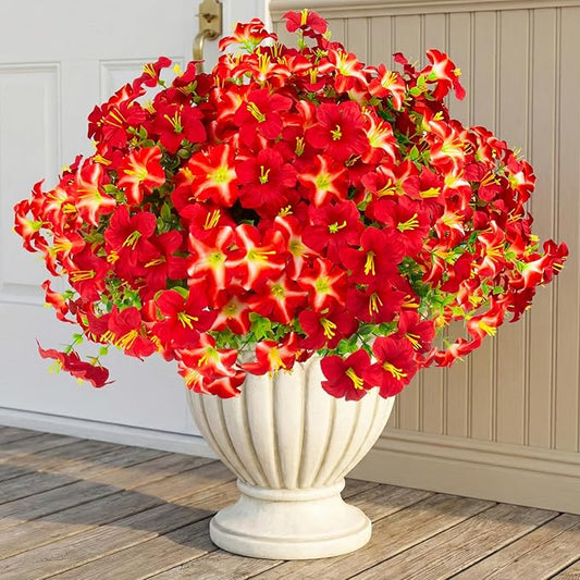Daynight 32 Pcs Faux Petunias Artificial Flowers Plants for Outdoor Plant Decoration, UV Resistant Fake Petunias Realistic Silk Flowers for Porch Yard Garden Window Decor (32, Red)