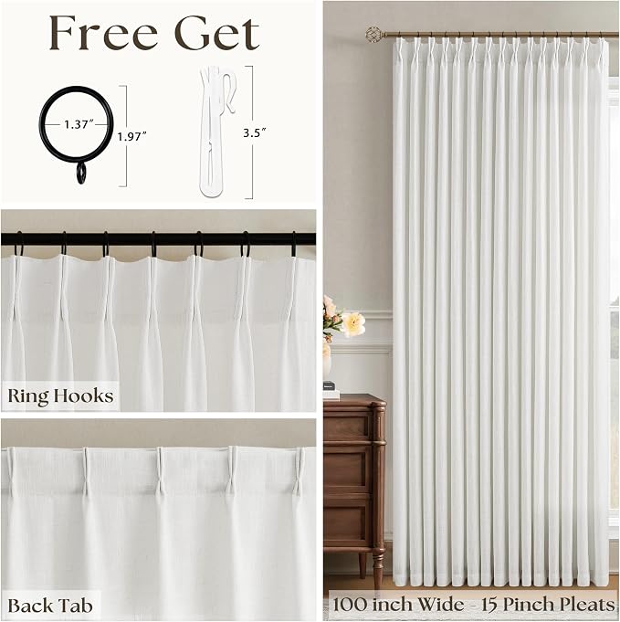 Extra Wide Linen Curtains 102 Inches Long 100 Inch Wide for Living Room Bedroom Light Filtering Beige Off White Pinch Pleated Curtains Hooks Rings Back Tab for Sliding Glass Door 1 Panel 100x102