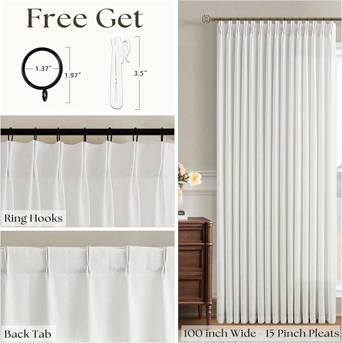Pinch Pleated Extra Wide Linen Curtains 108 Inches Long for Patio Sliding Glass Door Beige White 100 Inch Wide Pleated Drapes with Hooks Rings Neutral Semi Sheer 100x108 Curtain for Living Room