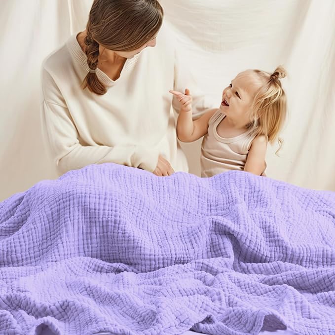 Carriediosa 100% Cotton Muslin Throw Blanket 66" X 90" Twin XL Size，4-Layers Summer Gauze Throws for Bed Couch，Soft Lightweight Breathable Linen Blankets Bedspread for Adults All Season，Light Purple