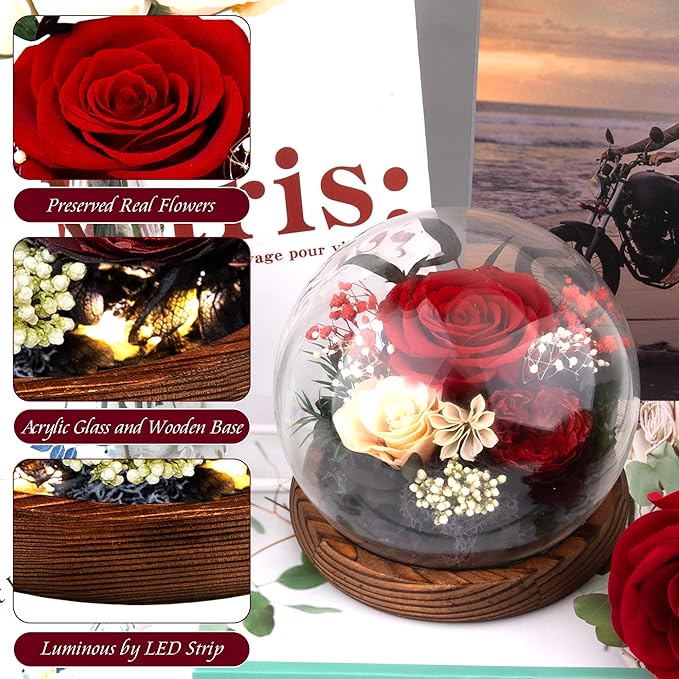 MOKOQI Birthday Gifts for Women Preserved Red Real Rose Flowers in Glass Dome, Forever Rose Valentines Day Gift for Her Mom on Christmas Birthday Flowers for Delivery Prime