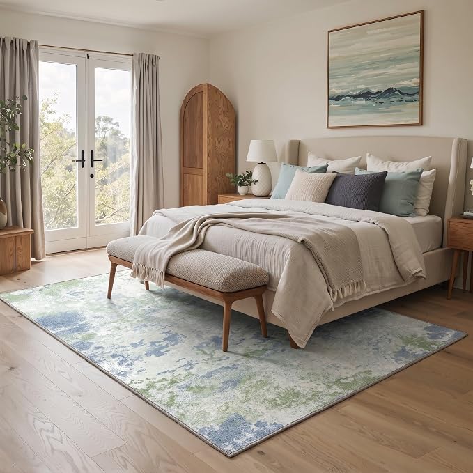 BEIMO Area Rugs 6x9 for Living Room Bedroom, Modern Abstract Machine Washable Rug, Large Soft Low Pile Floor Cover with Non Slip Backing for Dining Room, Blue Green Ivory