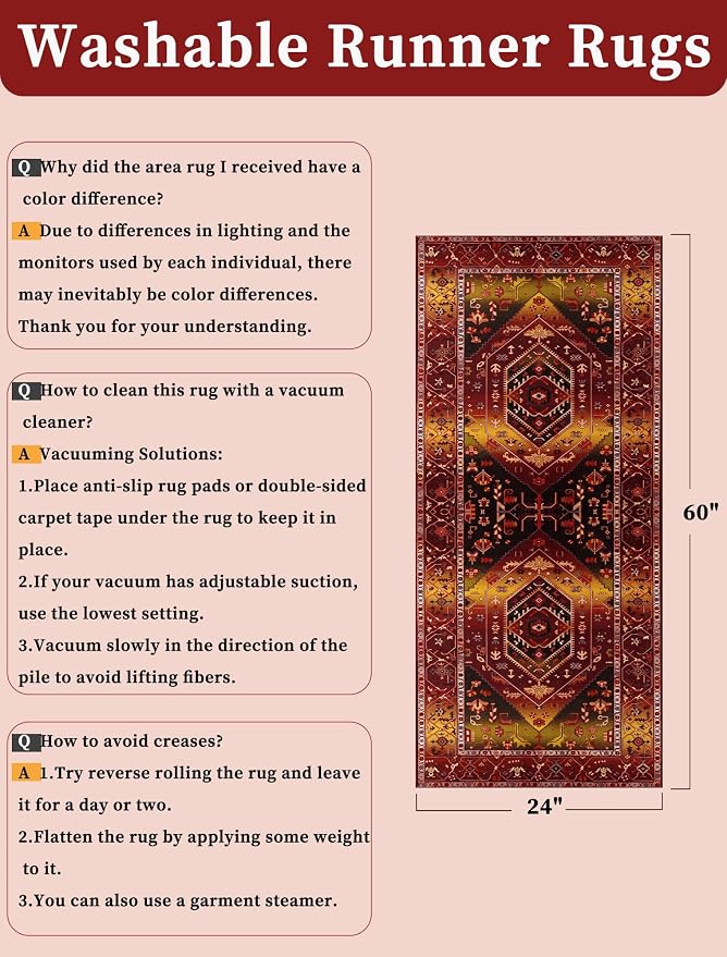 SERISSA Boho Washable Runner Rug, 2x5 Rug Runner Non-Slip Vintage Rustic Red Gold Hallway Kitchen Runner Rug Ultra Soft Print Distressed Floor Carpet Runner for Bedroom Bathroom Laundry Living Room