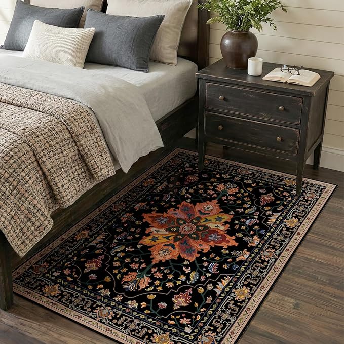 RELEANY Area Rugs 3'x5' Washable Non-Slip, Floral Vintage Distress Print Pattern Medallion Carpet for Living Room Bedroom Dining Room, Black Colorful Floral Dark Tan