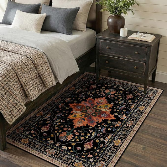 RELEANY Area Rugs 3'x5' Washable Non-Slip, Floral Vintage Distress Print Pattern Medallion Carpet for Living Room Bedroom Dining Room, Black Colorful Floral Dark Tan
