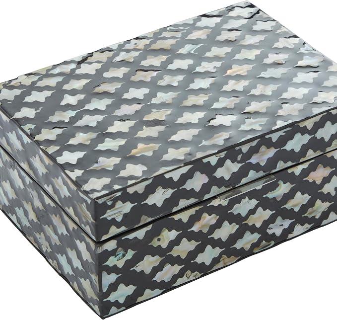 Deco 79 Mother of Pearl Shell Decorative Box Decorative Keepsake Boxes with Hinged Lid, Set of 2 Storage Boxes 12", 8"W, Black