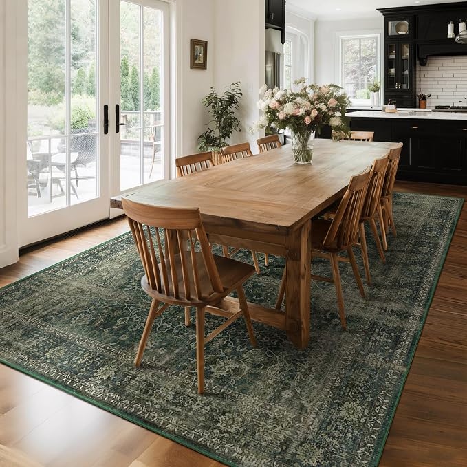 Dark Green 8x10 Rugs for Living Room, Vintage Distressed Large Rug for Bedroom Under Bed, Washable Non Slip Low Pile Moody Earth Tone Carpet Rugs for Dining Room Home Office