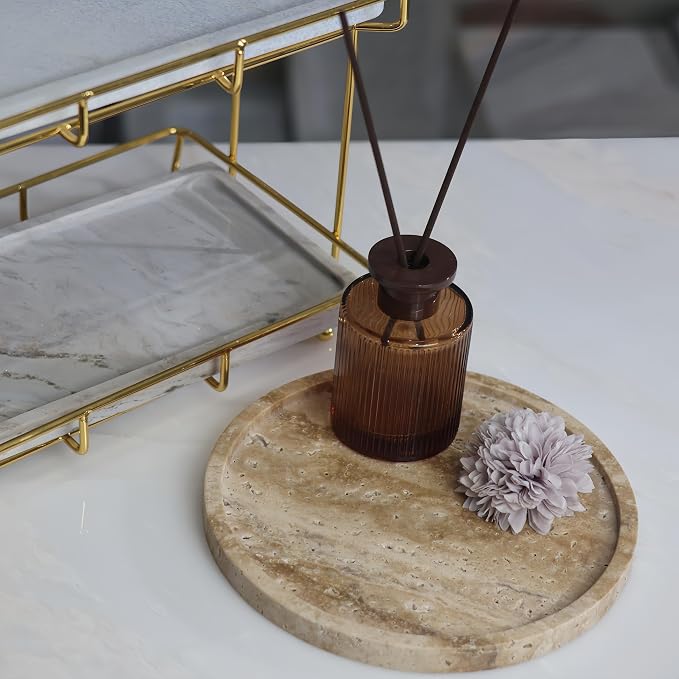 Natural Marble Vanity Tray, Round, 8.3 Inch, with Anti-Slip Pads, for Bathroom, Jewelry, Perfume Display, Coffee Table Decor (Travertine)